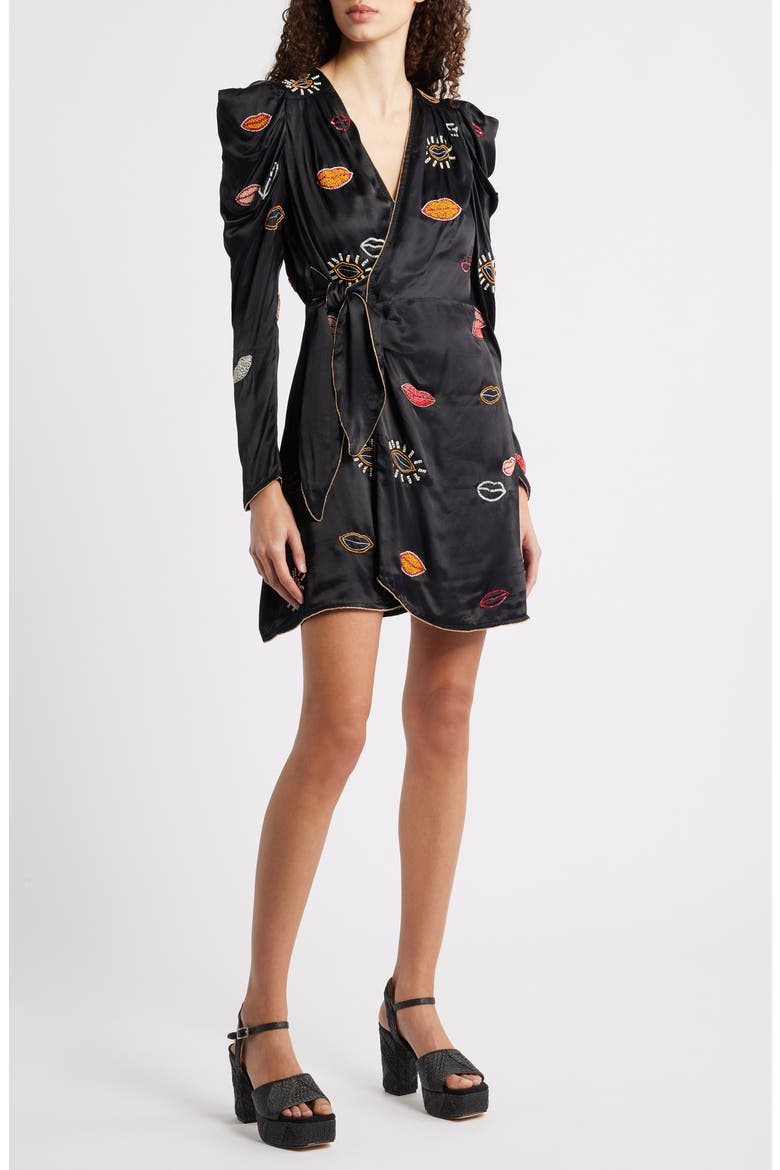 Beaded Kisses Wrap Minidress, Main, color, BLACK