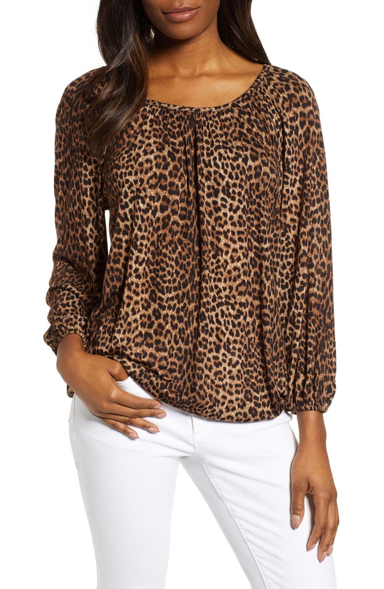 MICHAEL Michael Kors Leopard Spot Peasant Top, Main, color, 
