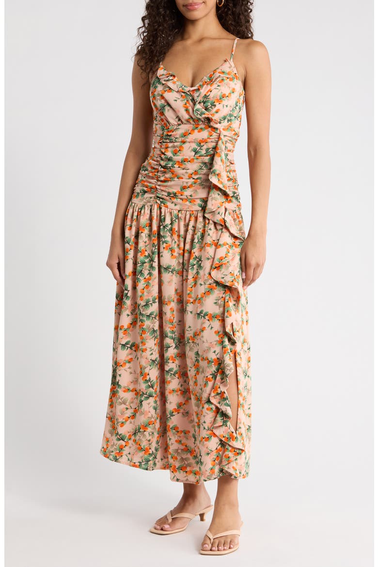 Heidi Floral Bristol Ruched Maxi Dress, Main, color, ORANGE-MULTI