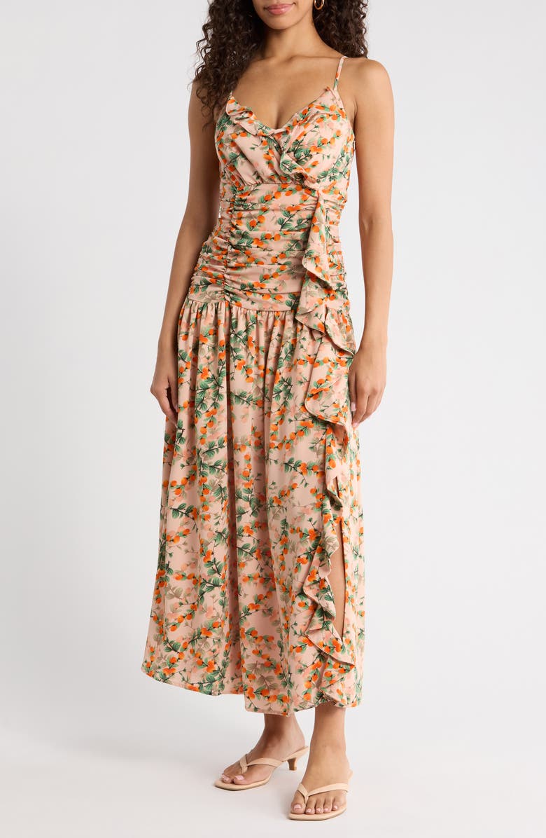 SUGARLIPS Heidi Floral Bristol Ruched Maxi Dress, Main, color, Orange-Multi