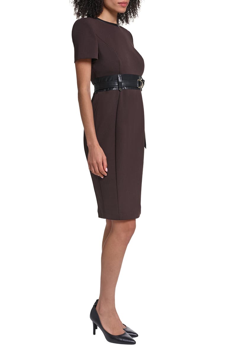 Faux Leather Detail Belted Scuba Crepe Sheath Dress, Alternate, color, ESPRESSO/ BLACK