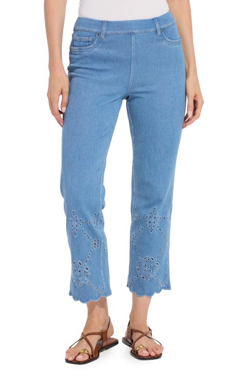 Billie Eyelet Pull-On High Waist Crop Straight Leg Jeans