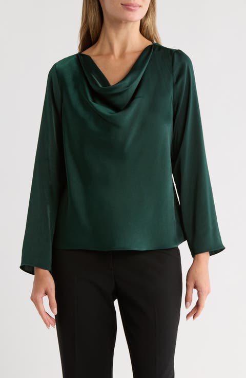 Cowl Neck Long Sleeve Satin Top