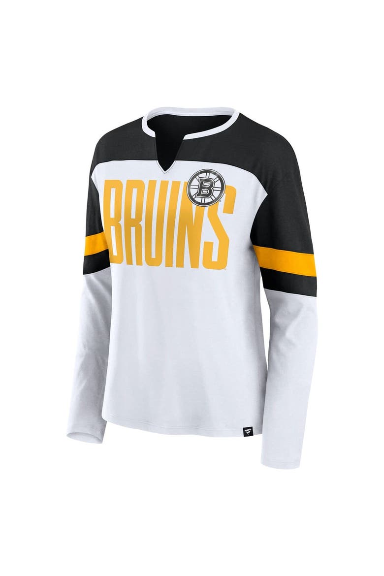Women's Fanatics White/Black Boston Bruins Frozen Long Sleeve Notch Neck T-Shirt, Alternate, color, White