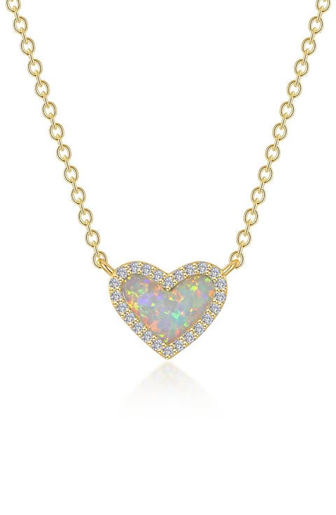 Simulated Opal & Simulated Diamond Heart Pendant Necklace