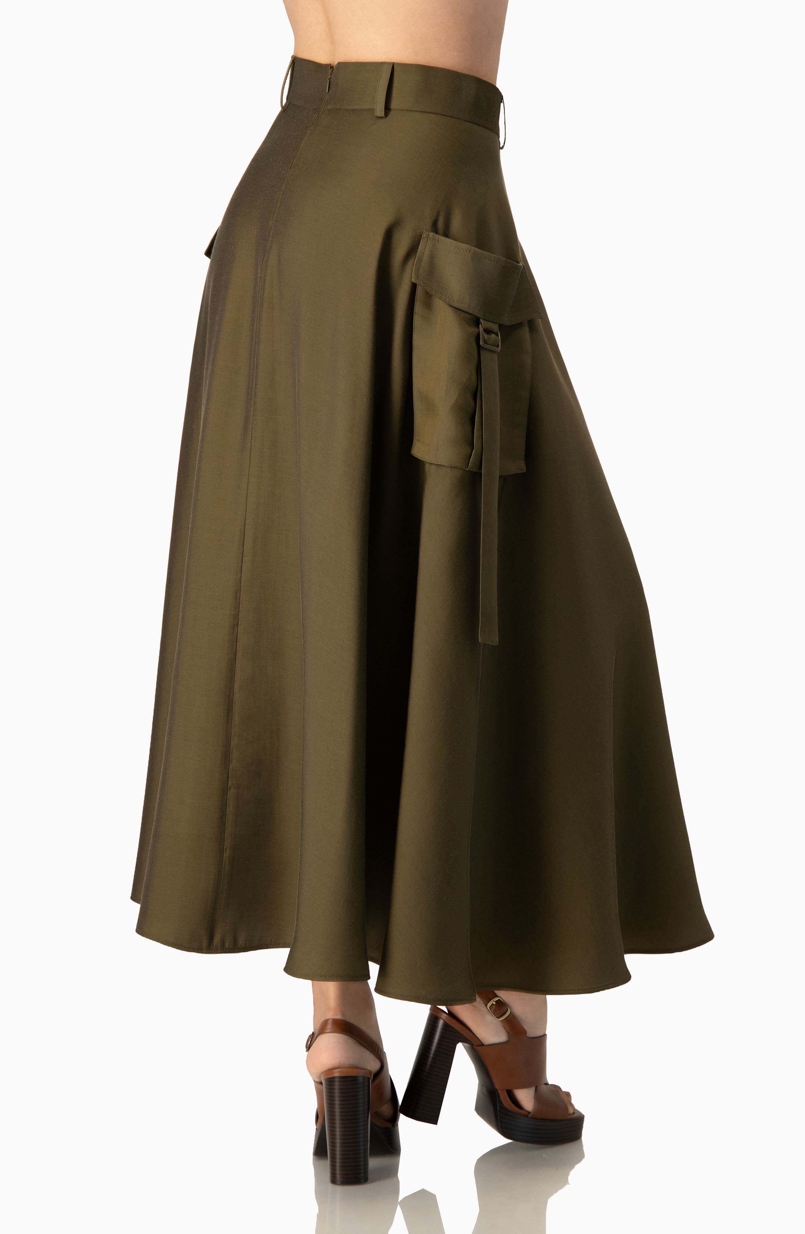 Cargo A-Line, High-Waist Pocket Midi Skirt in Structured Twill