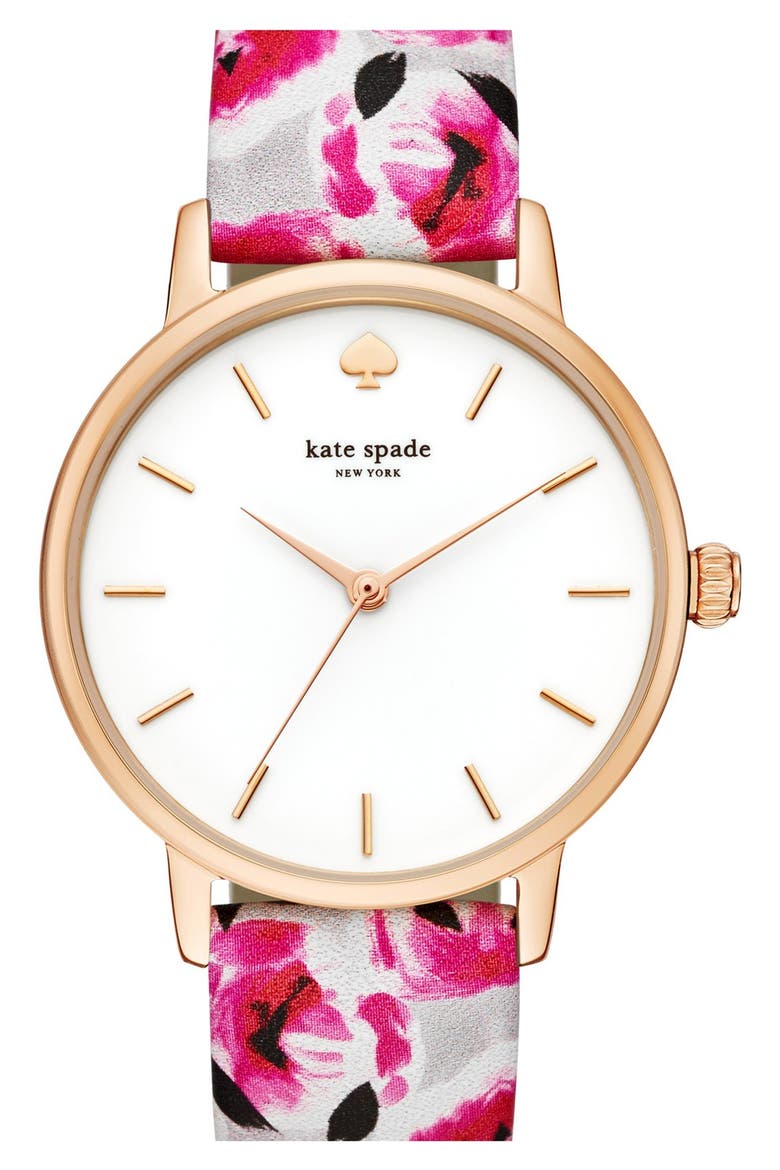 'metro' 34mm metro strap watch, Main, color, PINK FLORAL/ WHITE