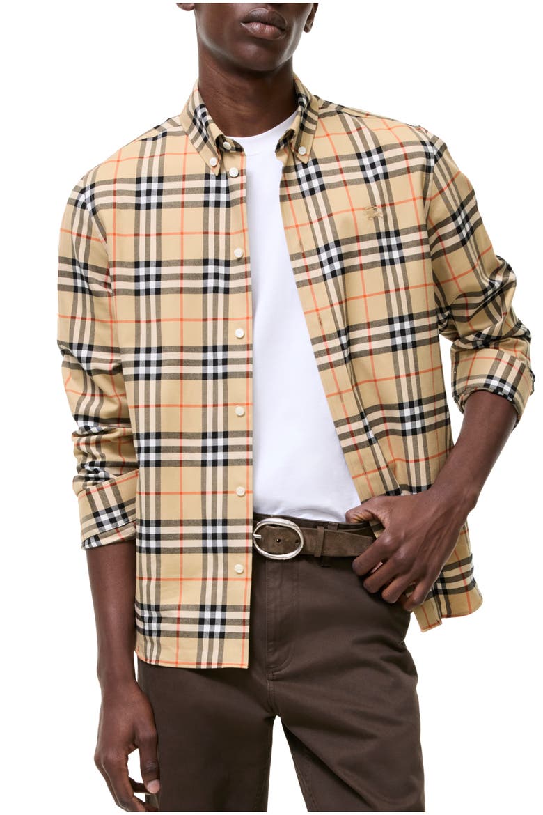 Relaxed Fit Check Cotton Shirt, Main, color, Sand beige
