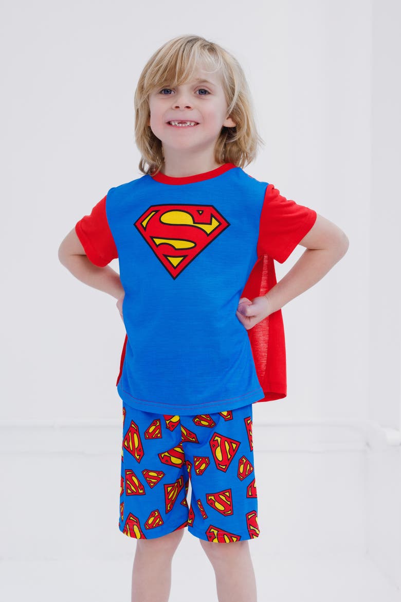 Justice League Pajama Shirt and Shorts Set with Cape, Alternate, color, Blue Red Superman
