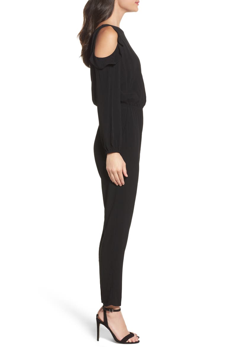 Ruffle Cold Shoulder Jumpsuit, Alternate, color, BLACK