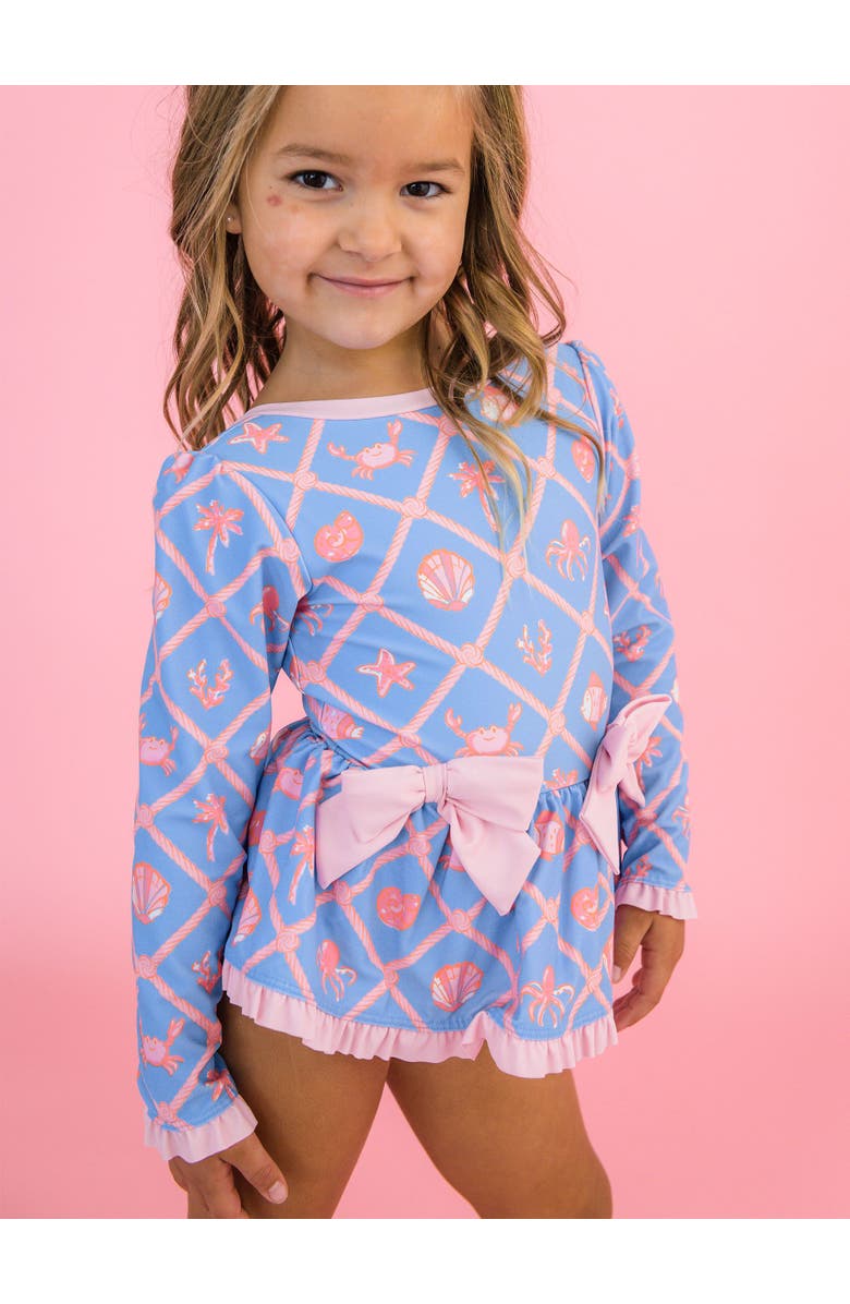 RuffleButts UPF50+ Long Sleeve One Piece Bow Peplum Rash Guard Swimsuit, Alternate, color, Tropical Trellis