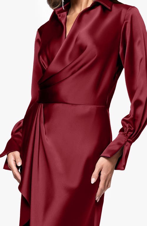 Xscape Evenings Collar Long Sleeve Satin Gown In Burgundy