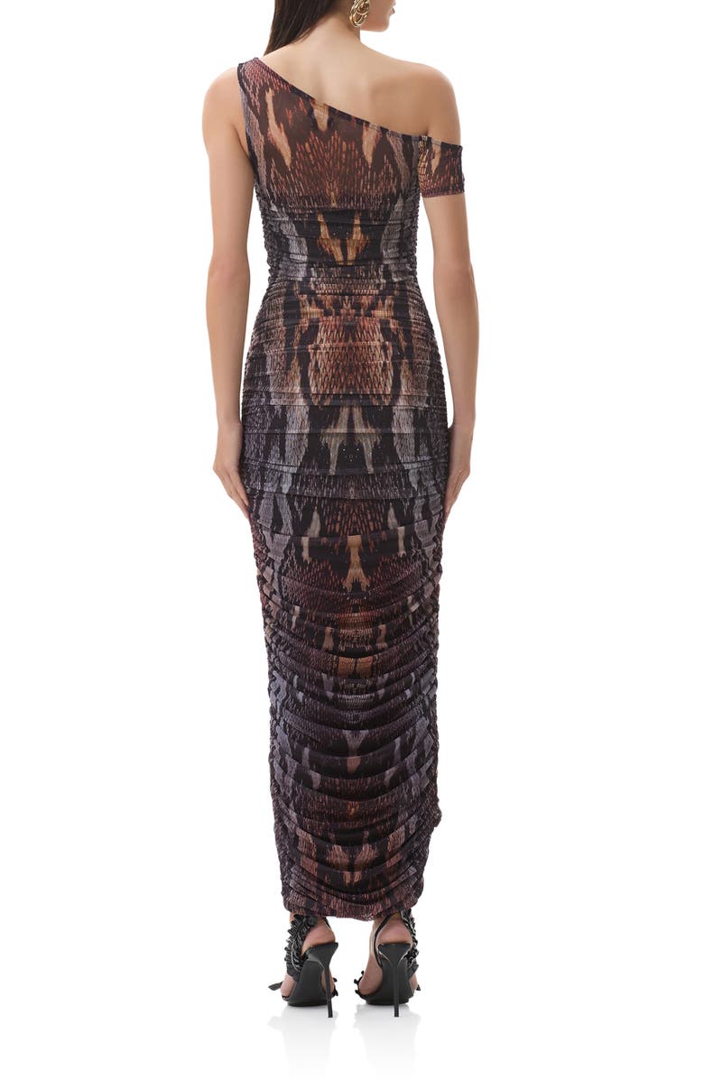 AFRM Biona Printed One-Shoulder Ruched Mesh Maxi Dress, Alternate, color, Placed Umber Snake
