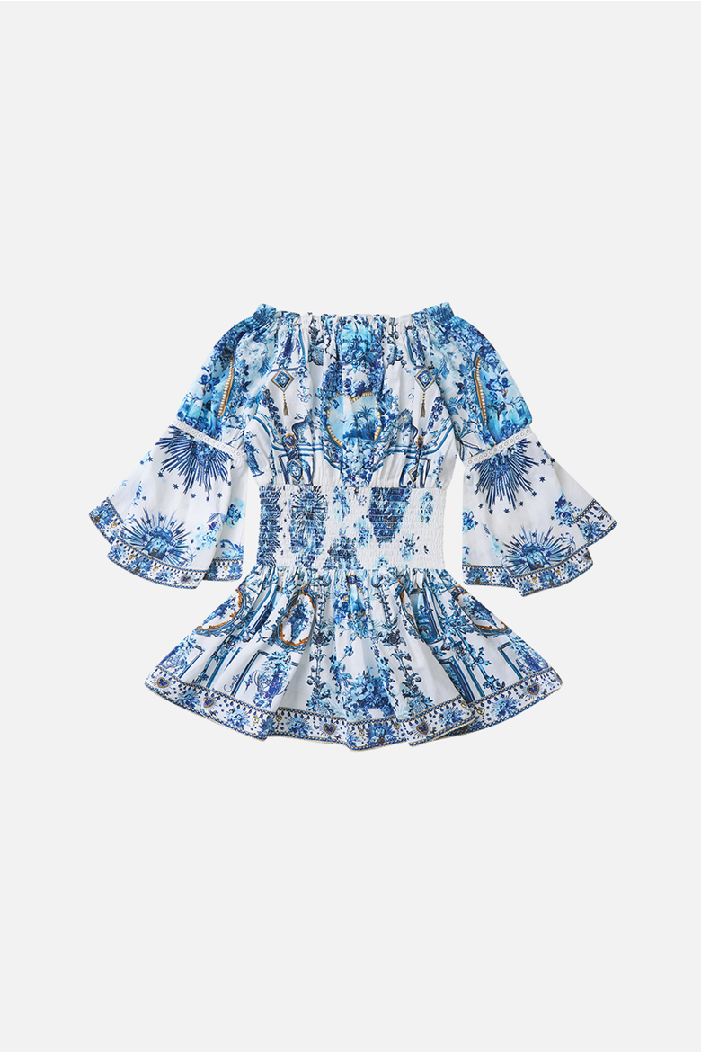 Kids Off Shoulder Shirred Waist Mini Dress, Main, color, The Porcelain Parlour