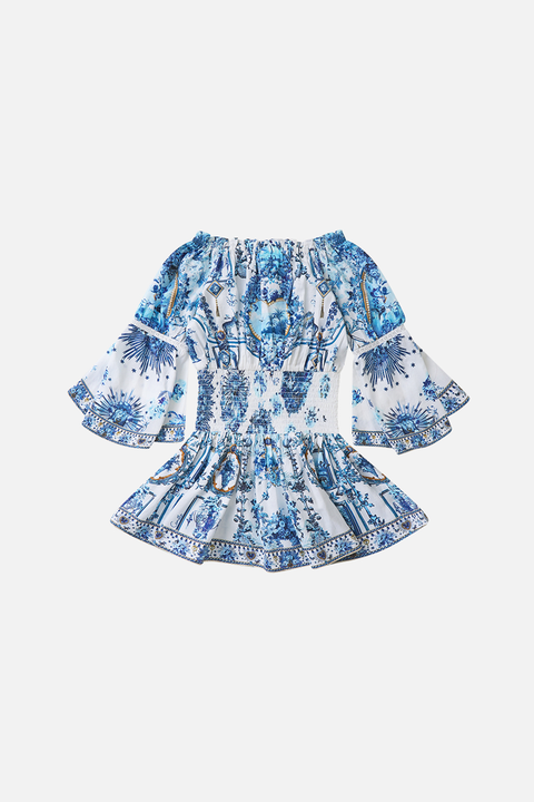 Kids Off Shoulder Shirred Waist Mini Dress