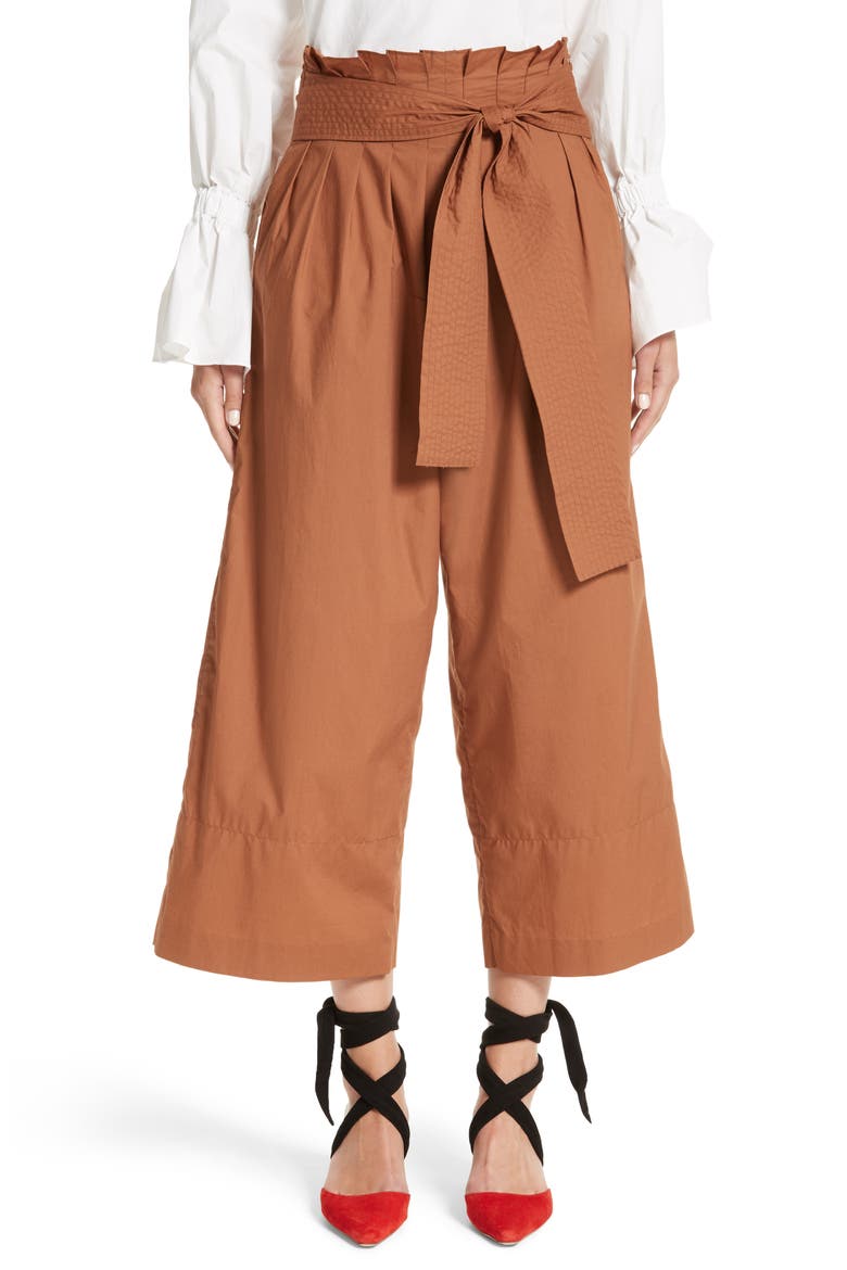 Wide Leg Belted Paperbag Pants, Main, color, COTTON POPLIN HAZELNUT BROWN