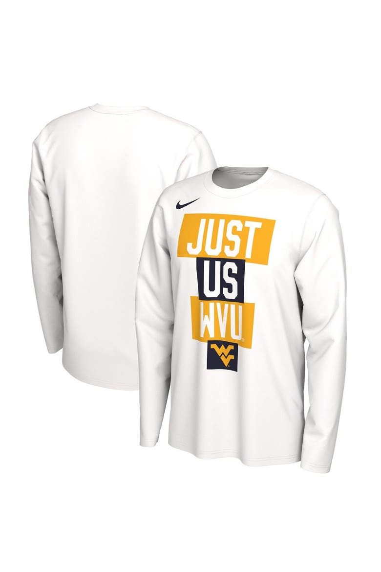 Men's Nike White West Virginia Mountaineers 2021 Postseason Basketball JUST US Bench Legend Long Sleeve T-Shirt, Main, color, White