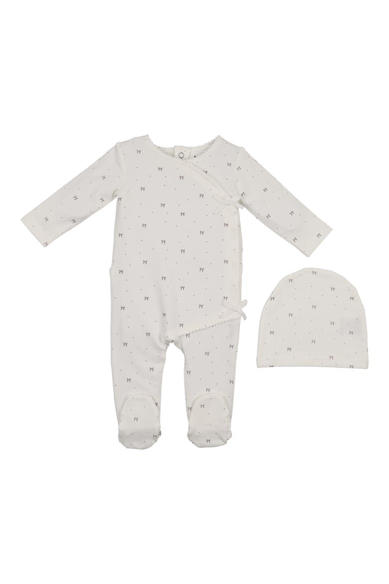 Bow Wrap Cotton Blend Footie & Beanie Set, Main, color, WHITE