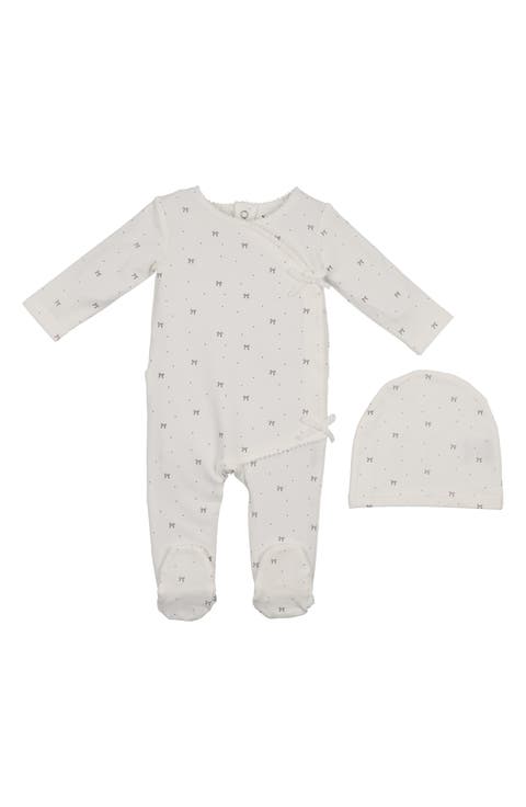 Bow Wrap Cotton Blend Footie & Beanie Set (Baby)