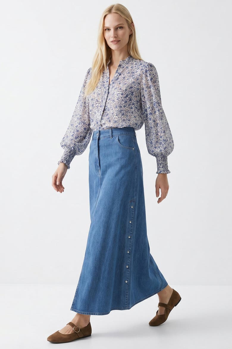 Blaize High Waist A Line Midi Denim Skirt, Alternate, color, Indigo