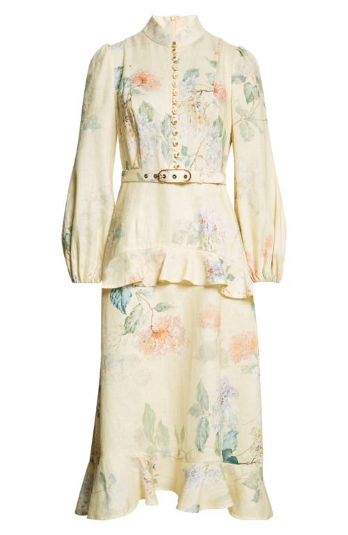 Zimmermann Floral Print Belted Linen Midi Dress In Lemon Hydrangea