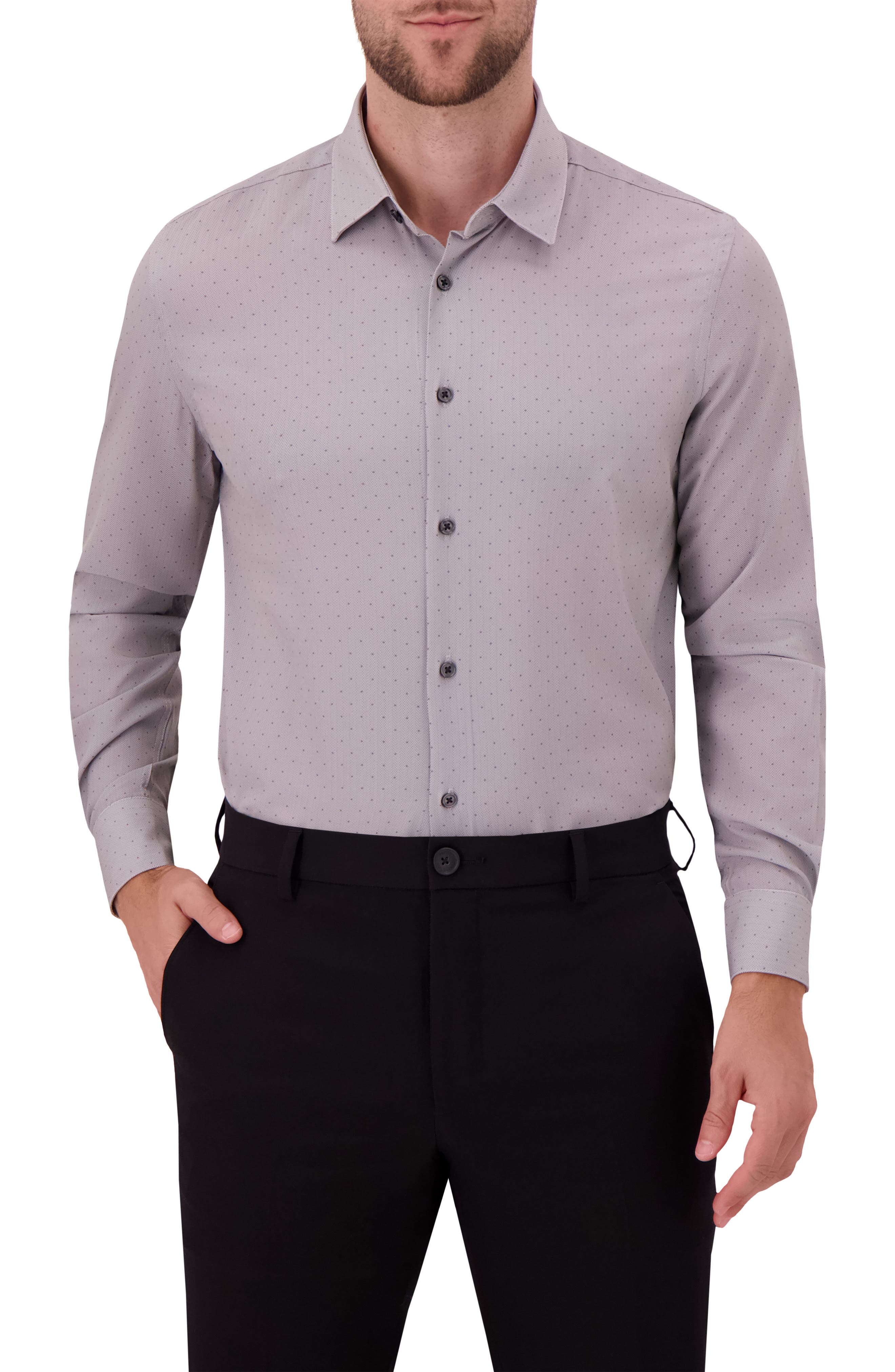 Report Collection Modern Fit Herringbone Print 4-Way Stretch Button-Up Shirt