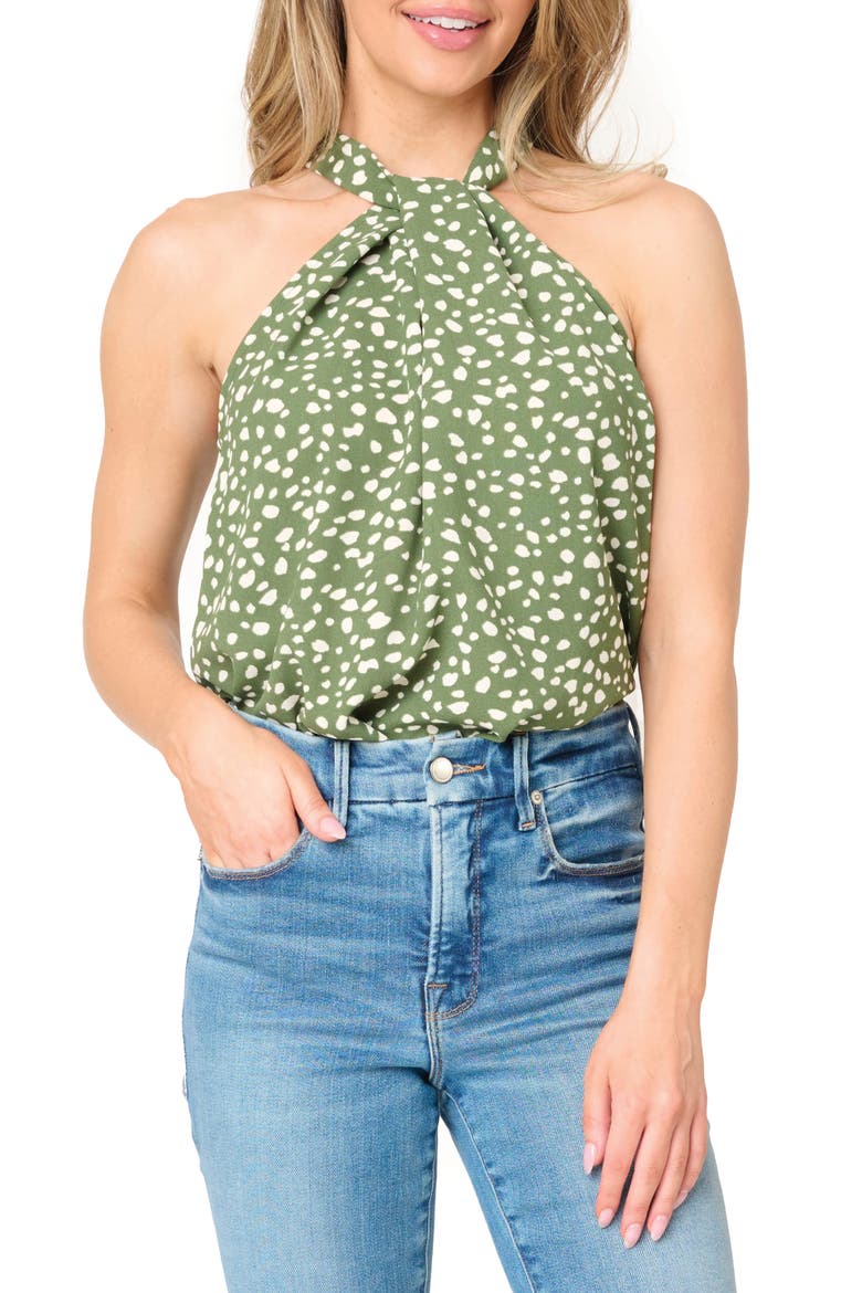 Dot Print Twist Neck Top, Main, color, DARK OLIVE DOT PRINT