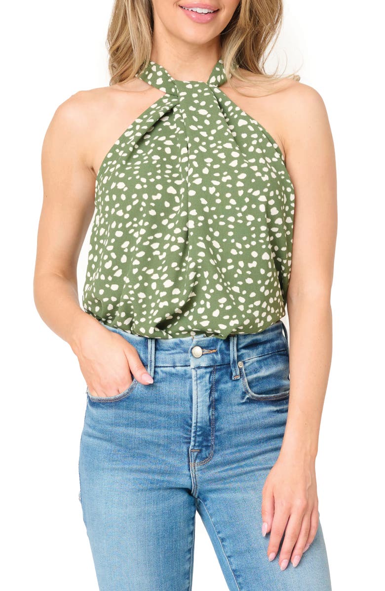 GIBSONLOOK Dot Print Twist Neck Top, Main, color, Dark Olive Dot Print
