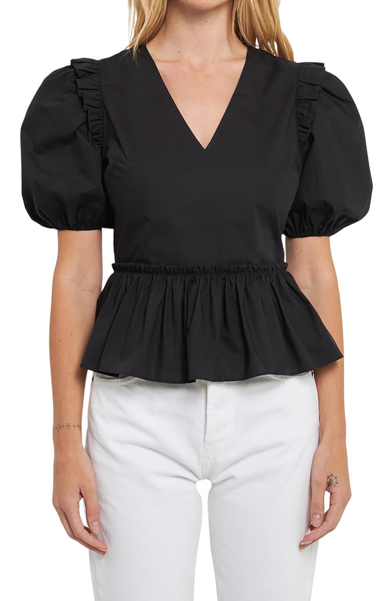 English Factory Puff Sleeve Peplum Cotton Top, Alternate, color, Black