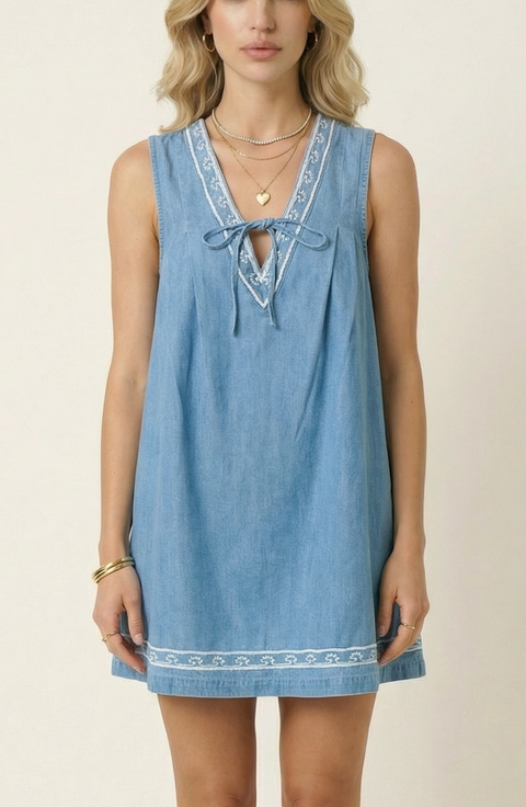 Sleeveless Mini Dress with Embroidered Trim and Tie Front Detail