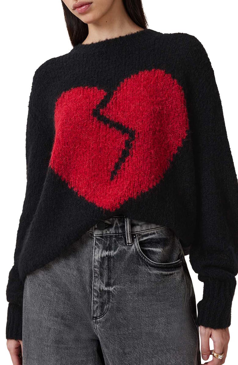 AllSaints Luv Heart Intarsia Crewneck Sweater, Main, color, Black/ Red