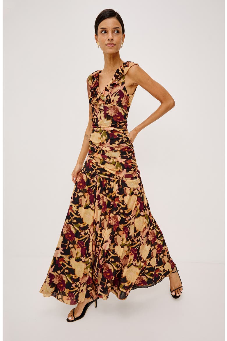 Veda Ruffle V-Neck Maxi Dress, Alternate, color, DARK FLORA