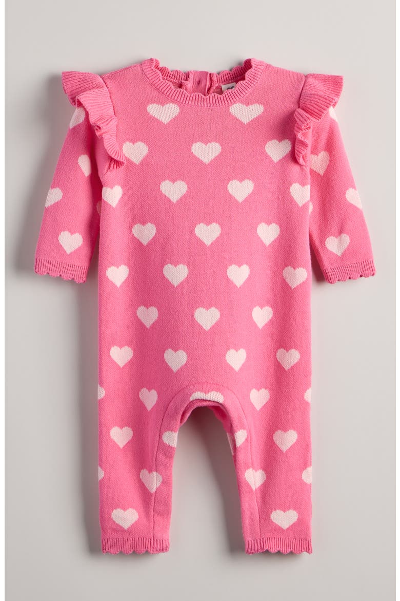 Bow Print Cotton Romper, Main, color, PINK AZALEA LOVELY HEARTS