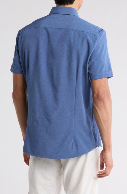 Soul Of London Microfiber Stretch Short Sleeve Button-down Shirt In Blue