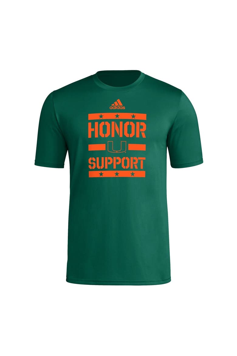 Men's adidas Green Miami Hurricanes Honor & Support Pre-Game T-Shirt, Alternate, color, Green