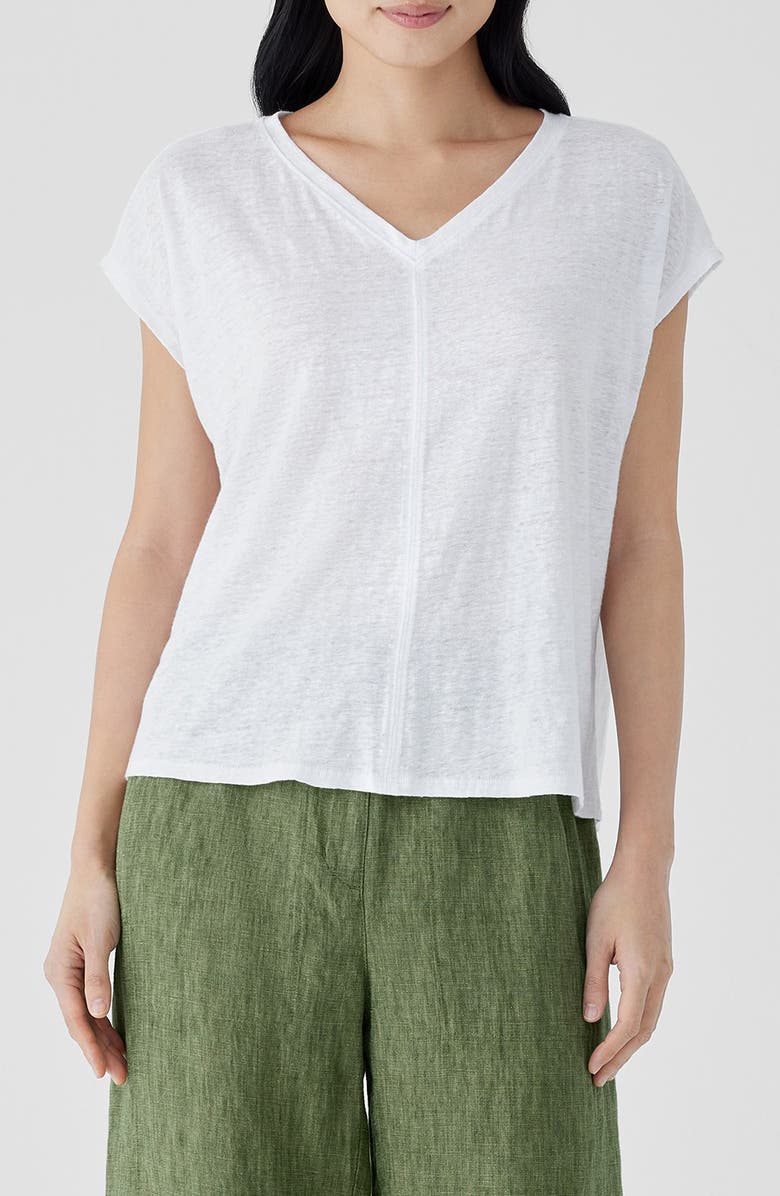 Eileen Fisher V-Neck Organic Linen T-Shirt, Main, color, White