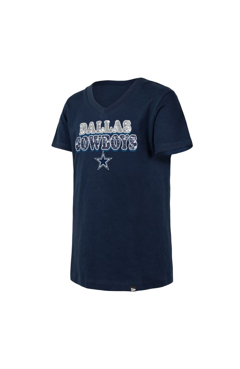 New Era Girls Youth New Era Navy Dallas Cowboys Reverse Sequin V-Neck T-Shirt, Alternate, color,