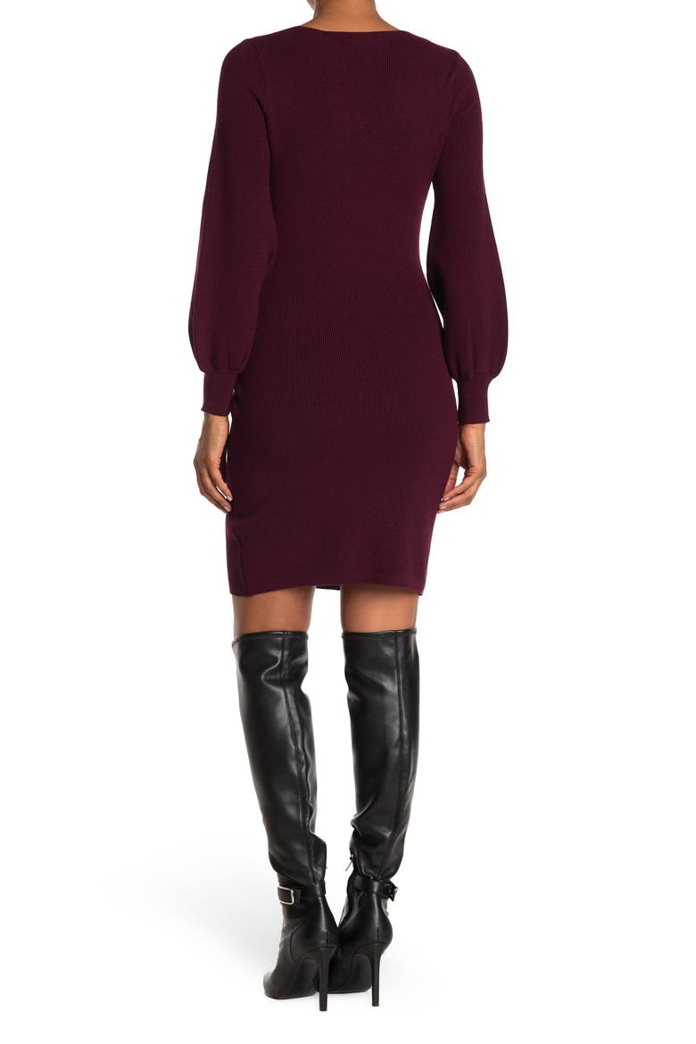 V-Neck Balloon Sleeve Sweater Dress, Alternate, color, DEEPWINE