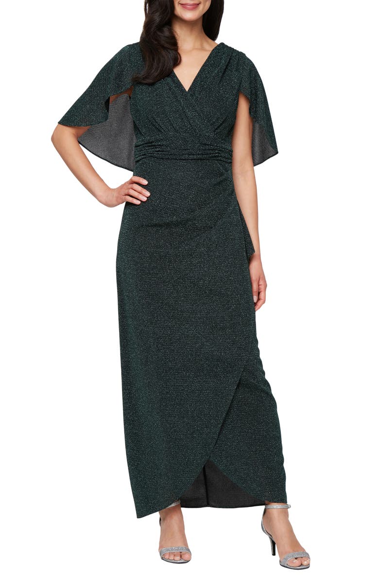 SL FASHIONS Metallic Capelet Cocktail Dress, Main, color, Pine