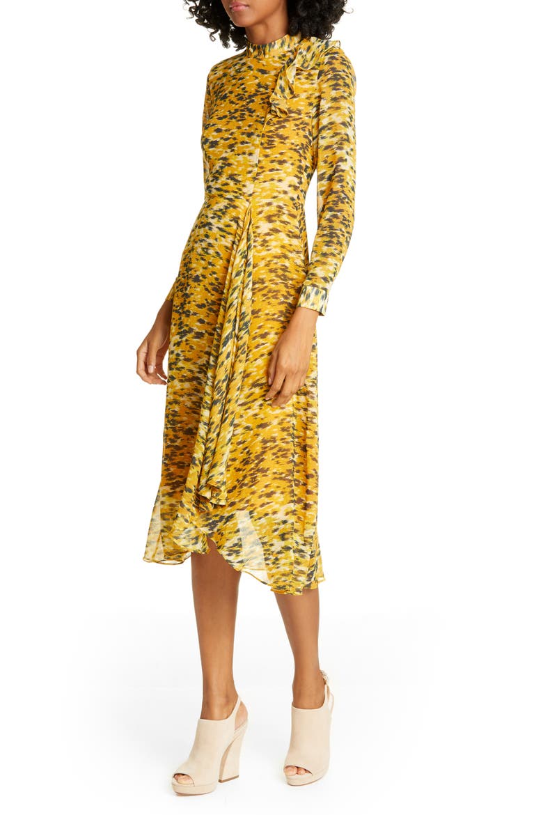 Ines Ikat Animal Print Long Sleeve Dress, Main, color, YELLOW/ MULTI