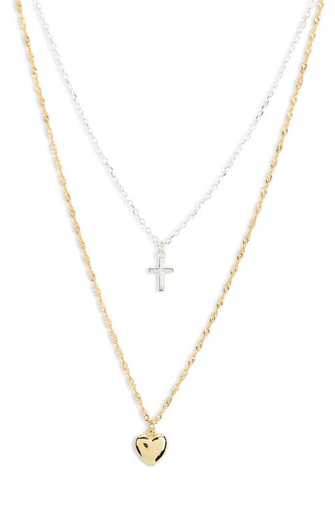 Set of 2 Two-Tone Cross & Heart Pendant Necklaces