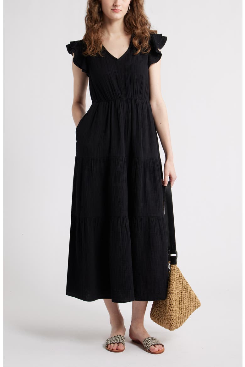 V-Neck Ruffle Maxi Dress, Main, color, BLACK
