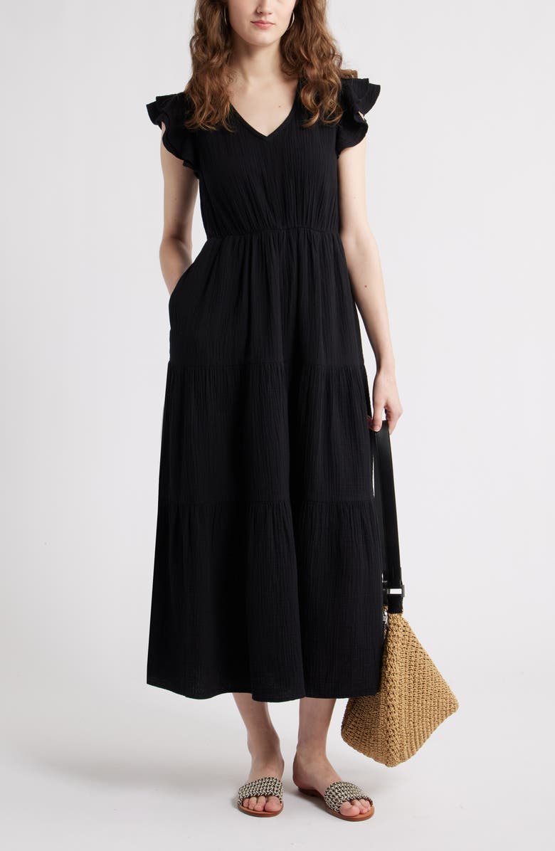 Caslon<sup>®</sup> V-Neck Ruffle Maxi Dress, Main, color, Black