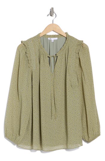 Dr2 By Daniel Rainn Ruffle Split Neck Top In Sage
