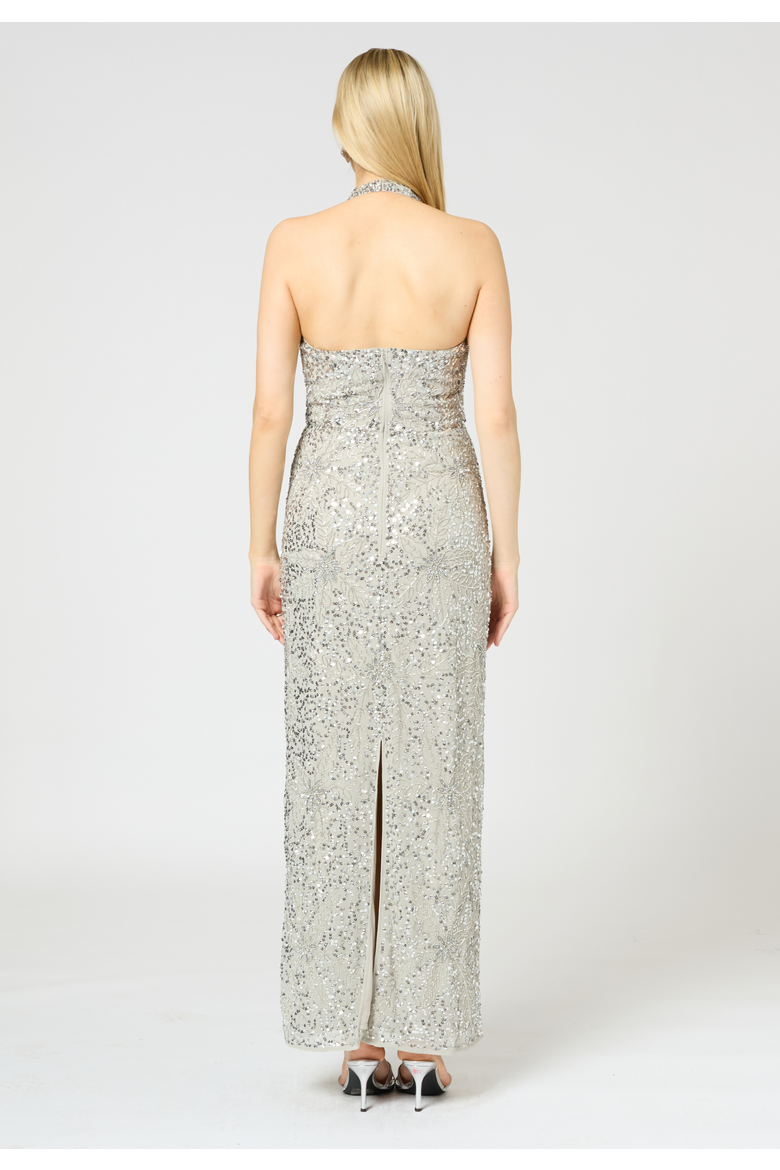 Embellished Sequin Beaded Maxi Dress With V Cowl Neck, Alternate, color, LIGHT GREY