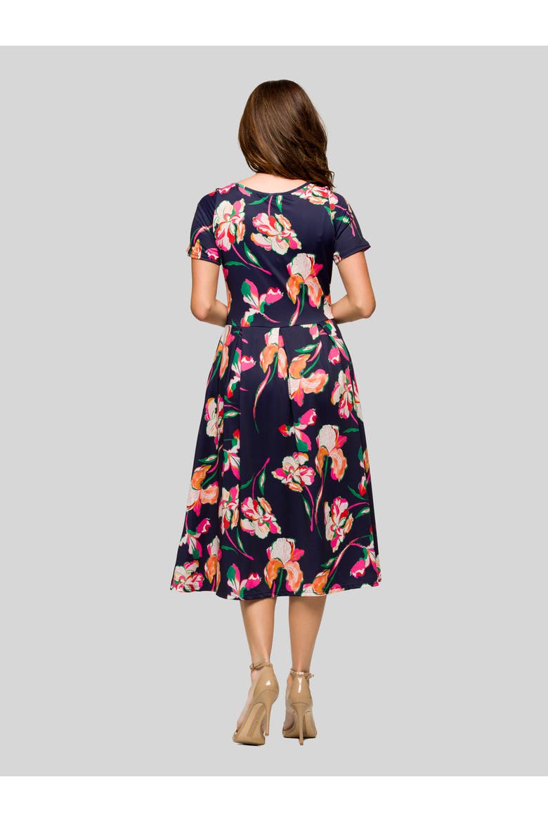 Navy Floral Short Sleeve Pleated Flare Midi Pocket Dress, Alternate, color, Navy Multi