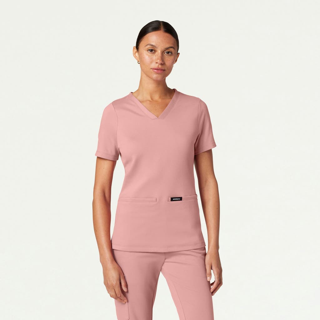 Jaanuu 2-pocket Slim Knit V-neck Scrub Top In Pink