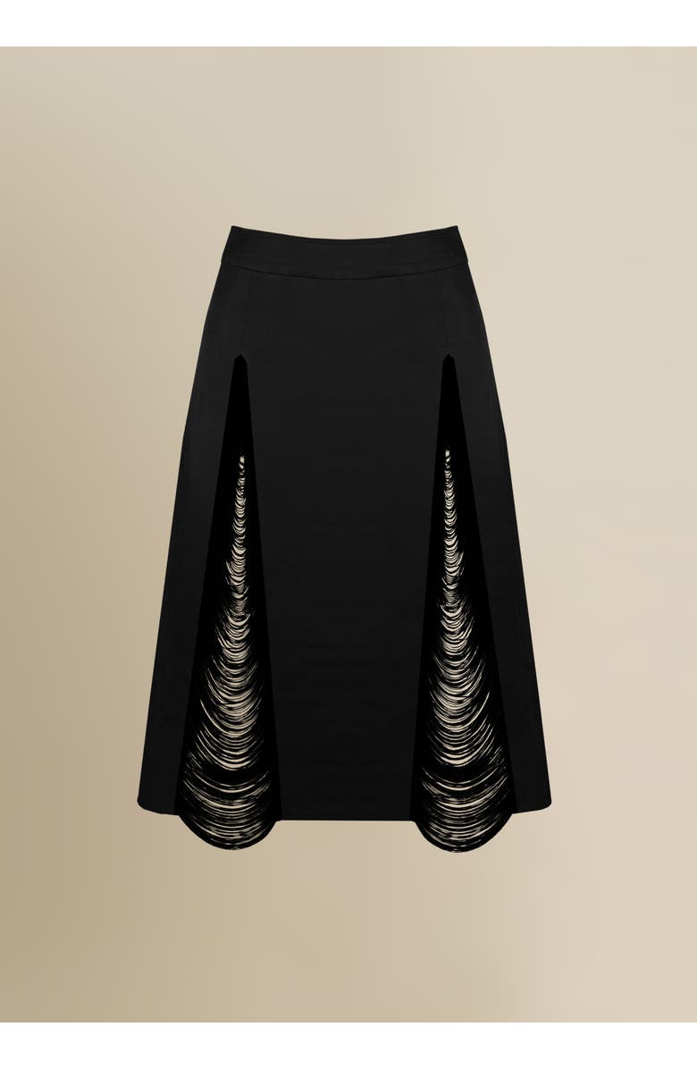 Contessa Mills Madeleine Soft Fringe-Trimmed Stretch Cotton Poplin Skirt, Main, color, Black