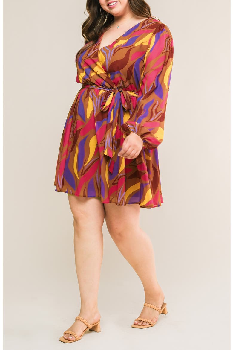 Long Sleeve Print Minidress, Alternate, color, BROWN