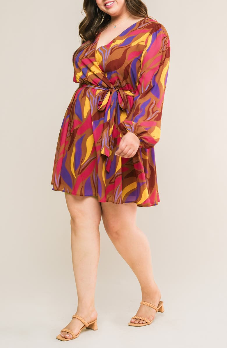 FLYING TOMATO Long Sleeve Print Minidress, Alternate, color, Brown